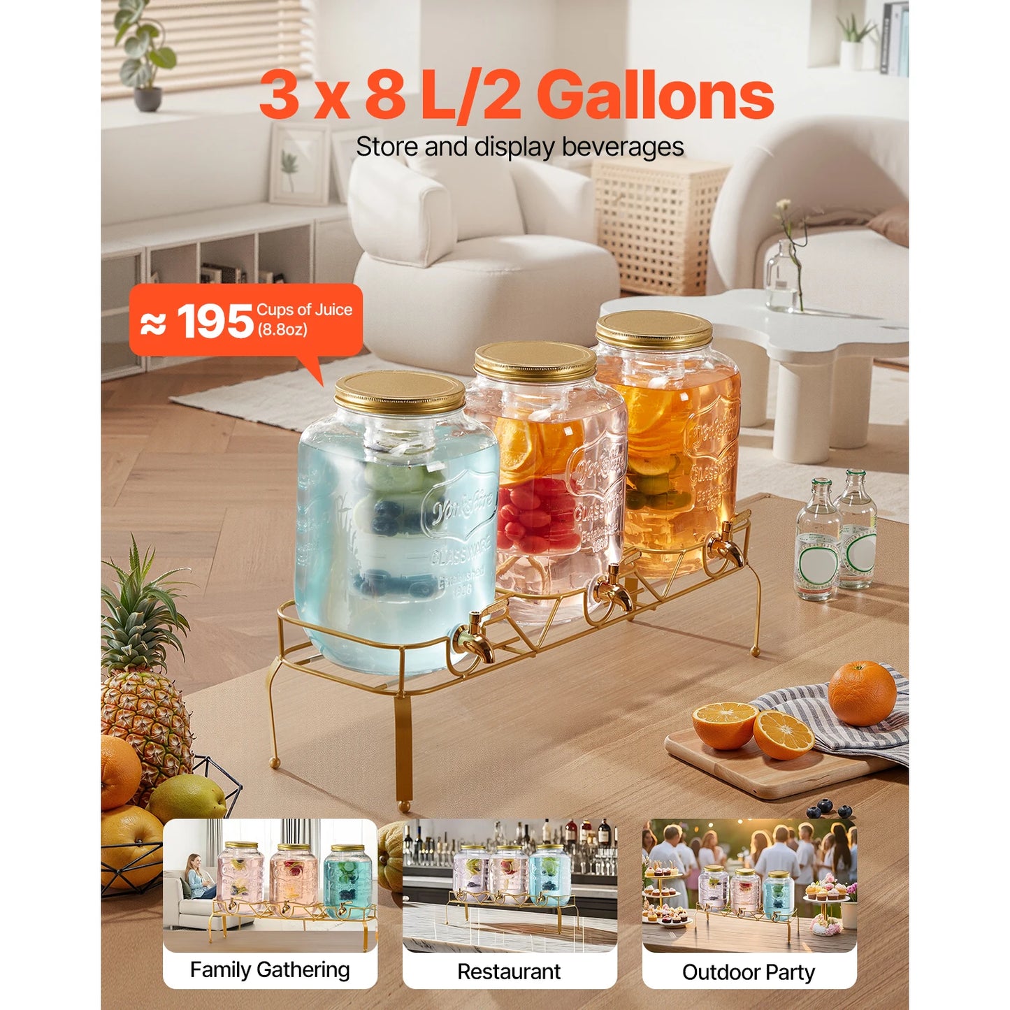 SucceBuy Beverage Dispenser Set With Glass Three Cylinders And Metal Stand