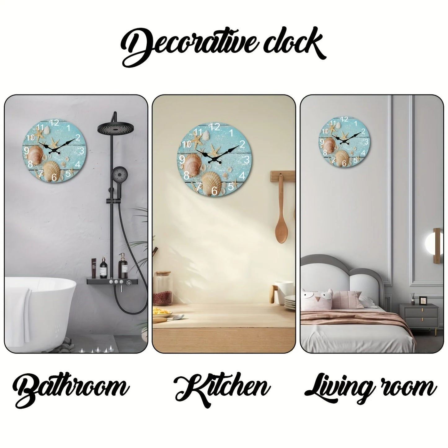 1pc Tropical Summer Seashells Starfish With Sand On Blue Wooden Round Wall Clock, Oil Painting Home Office School Decorative Cre