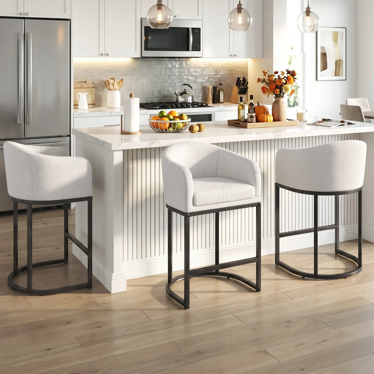 Modern Upholstered Counter Bar Stools With Curved Backrest And Armrests