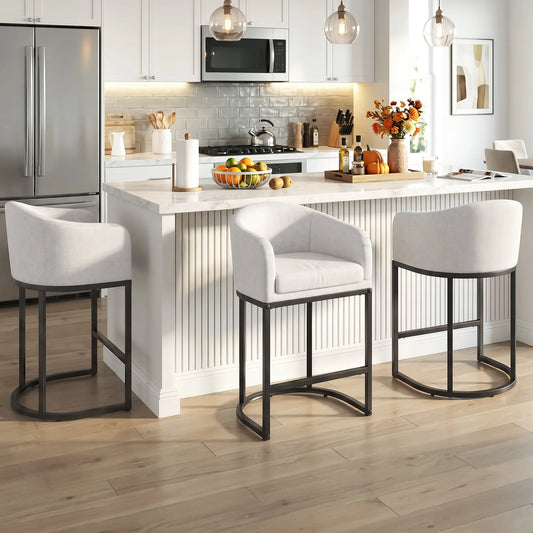 Modern Upholstered Counter Bar Stools With Curved Backrest And Armrests