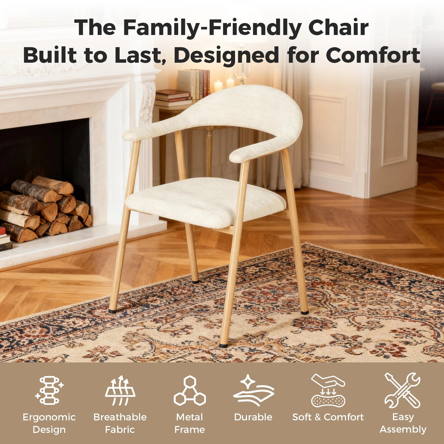 JHK Linen Fabric Upholstered Living Chairs Set of 2 Modern Farmhouse Kitchen Side Chairs with Curved Backrest and Metal Legs Accent Chairs for Dining Room