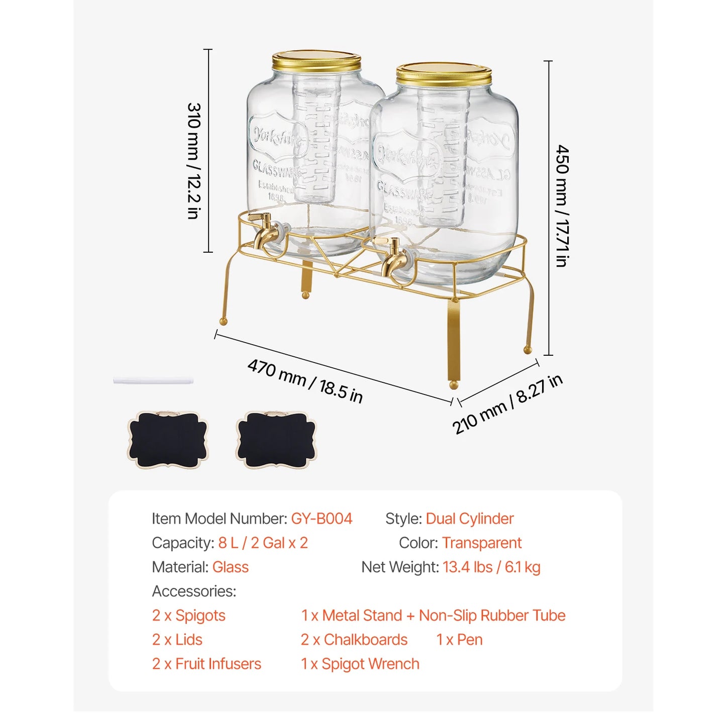 SucceBuy Glass Beverage Dispenser With Wood Stand Dual Cylinder
