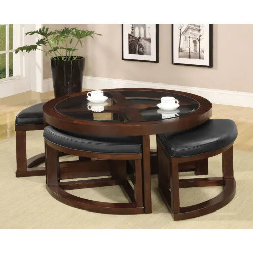 Traditional Coffee Table Set With Beveled Glass Top And Ottoman