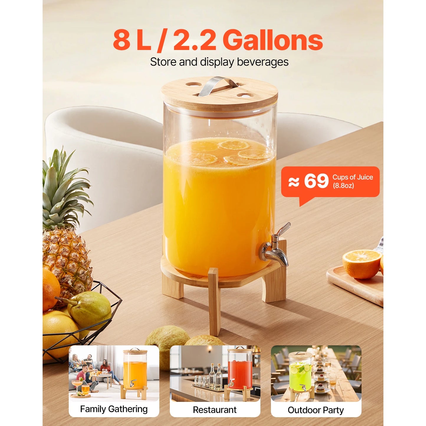 SucceBuy Glass Beverage Dispenser With Wood Stand For Parties