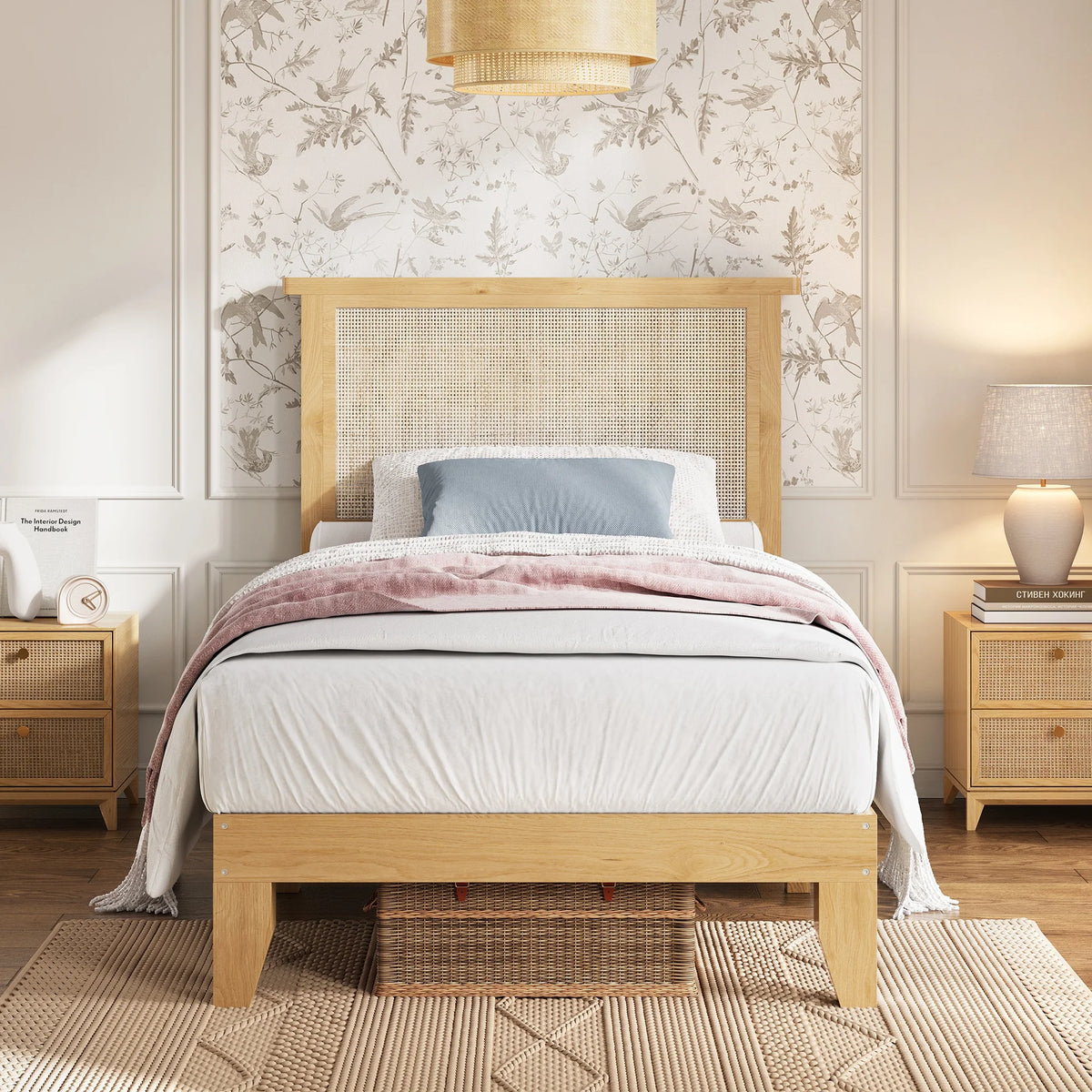 Modern Wood Platform Bed Frame With Rattan Headboard and Silent Slats