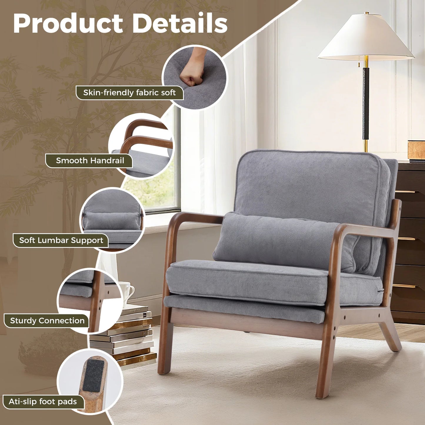 JHK Mid Century Modern Wood Frame Accent Chair With Arms Reading Chair