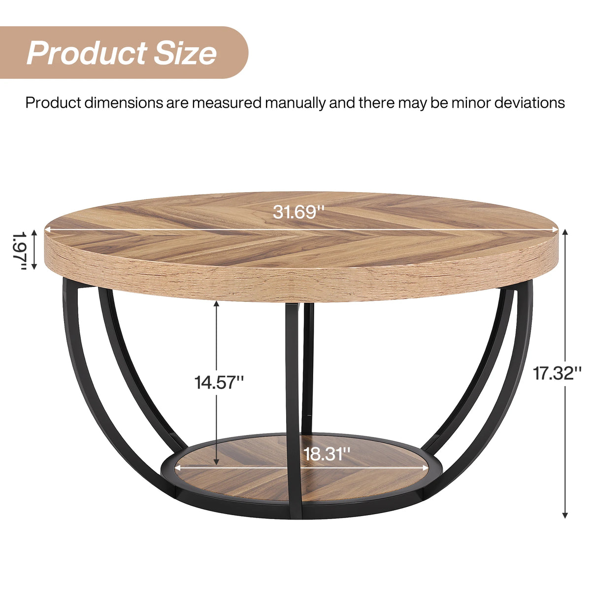 Tribesigns Industrial Round Coffee Table with Two Tier Storage Shelves