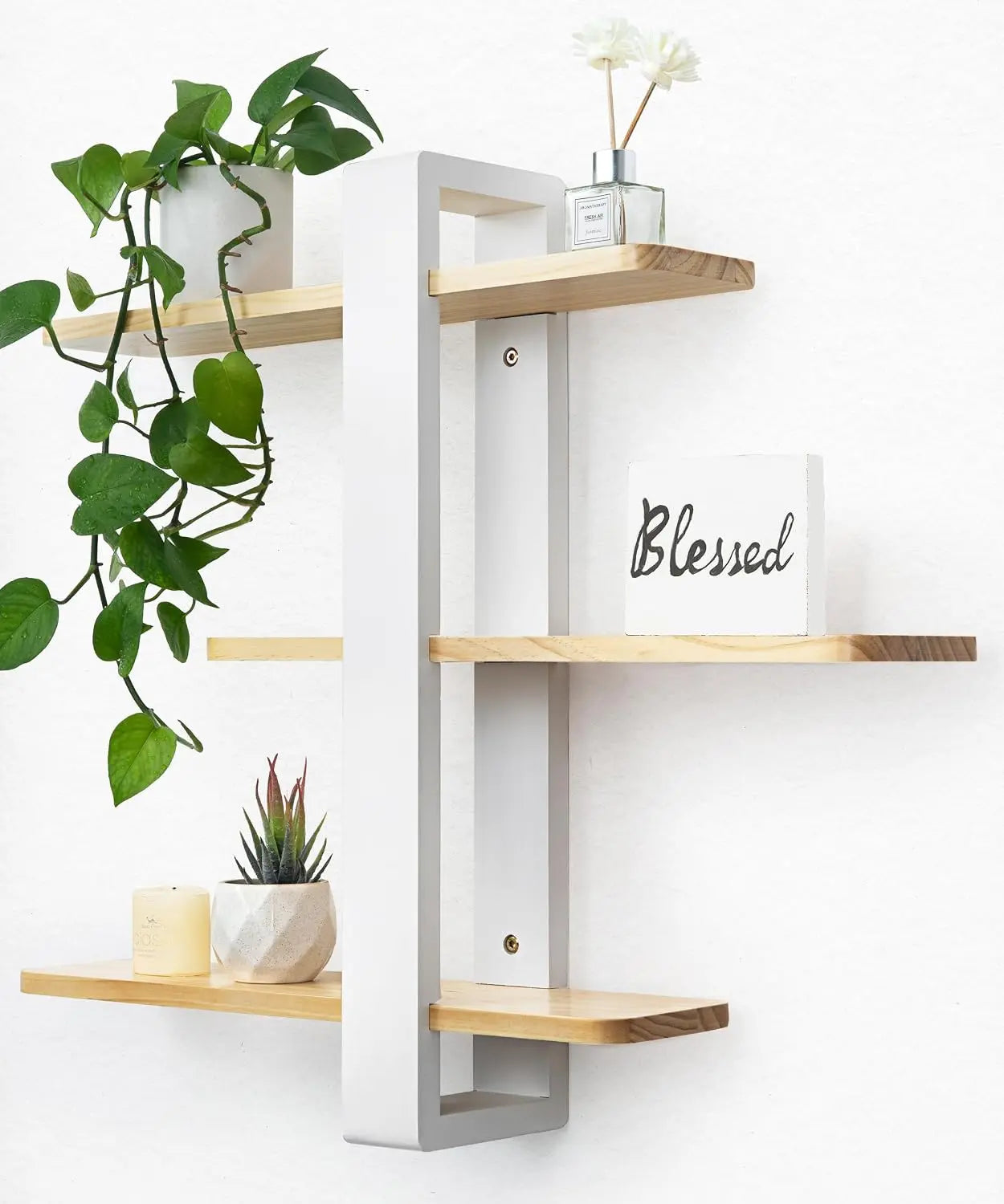 Floating Three Tier Pine Wood Wall Shelves For Living Room
