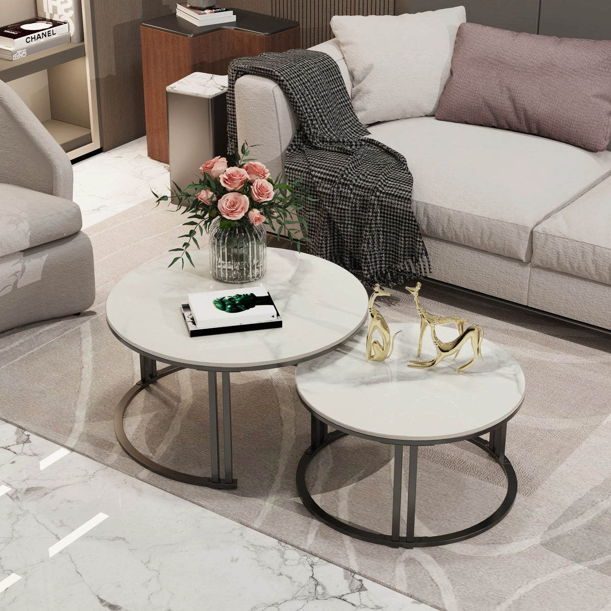 Modern Nesting Coffee Table Set With Marble Top Accent Tables