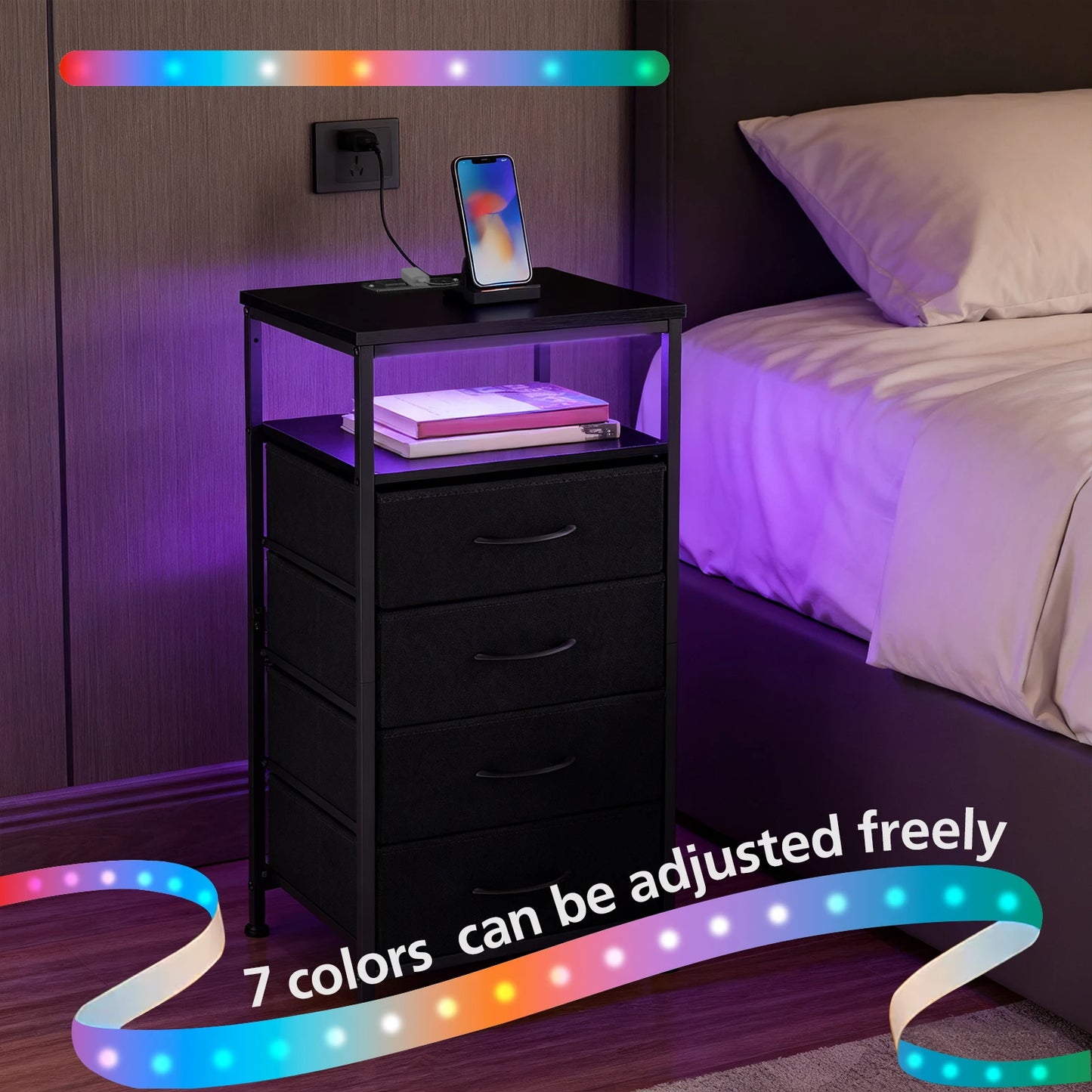 MCQ Four-Drawer Bedside End Table With Charging Station And LED