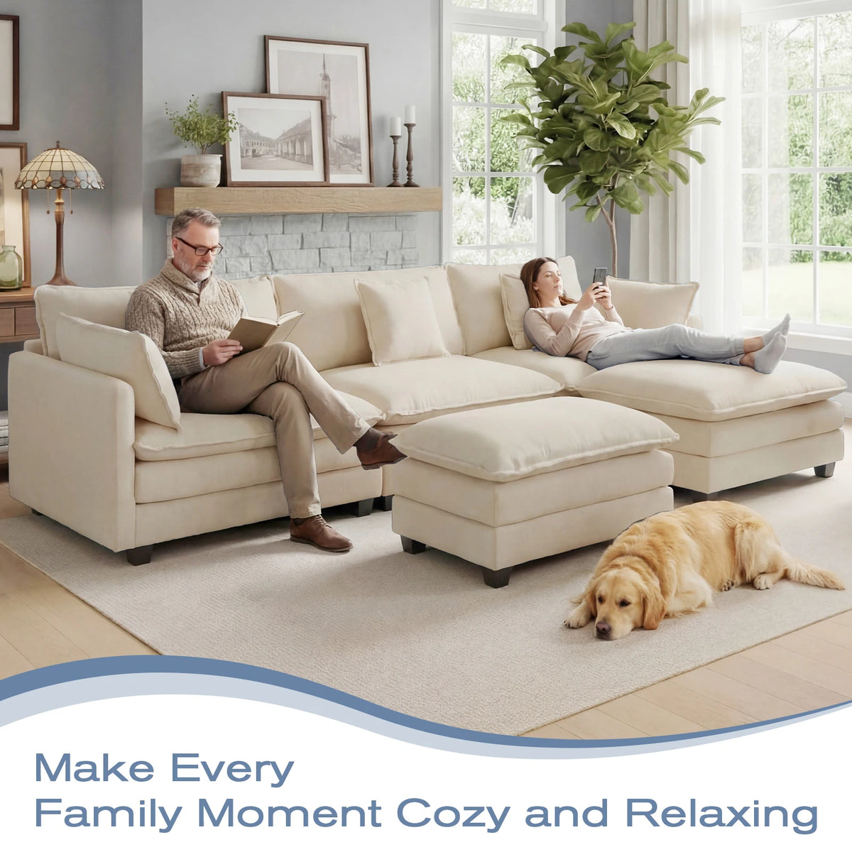 Modular Sectional Sofa With Ottoman, Deep Seat Cloud Couch