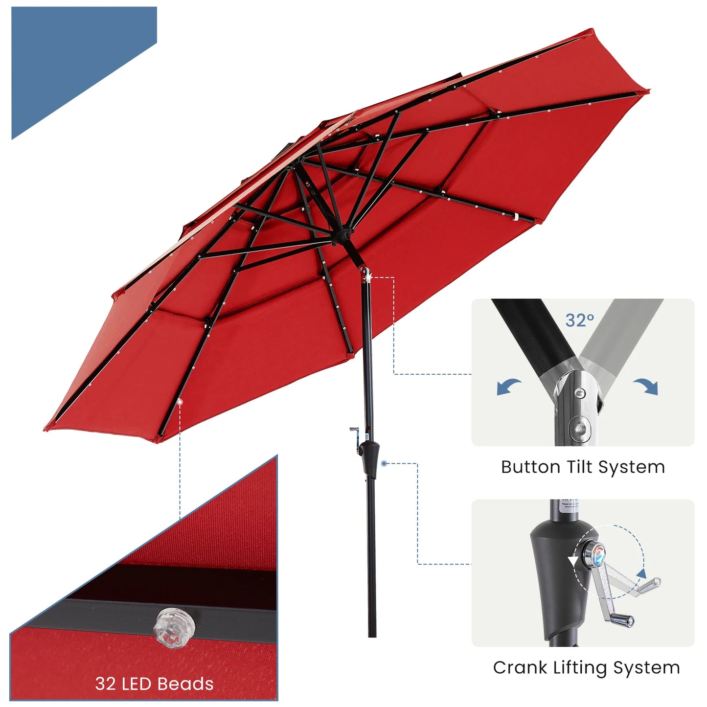 Solar Patio Umbrella With 32 LED Lights For Outdoor Shade