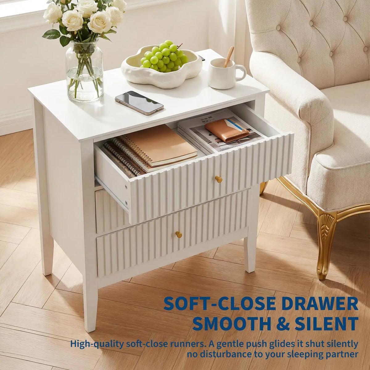 HiMISS Fluted Nightstand With Charging Station And Three Drawers