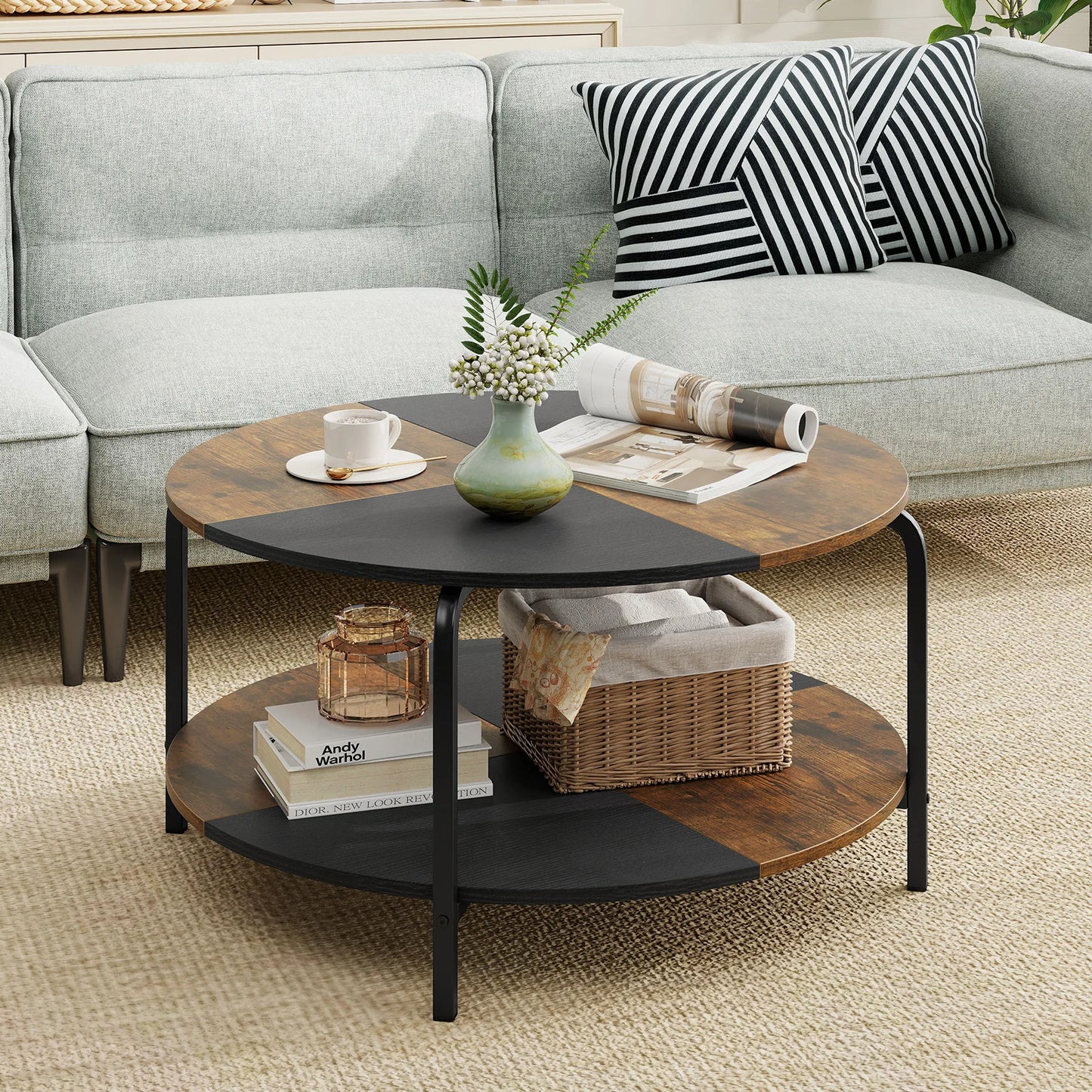 HOMASIS 2 Tier Round Coffee Table With Storage Shelf