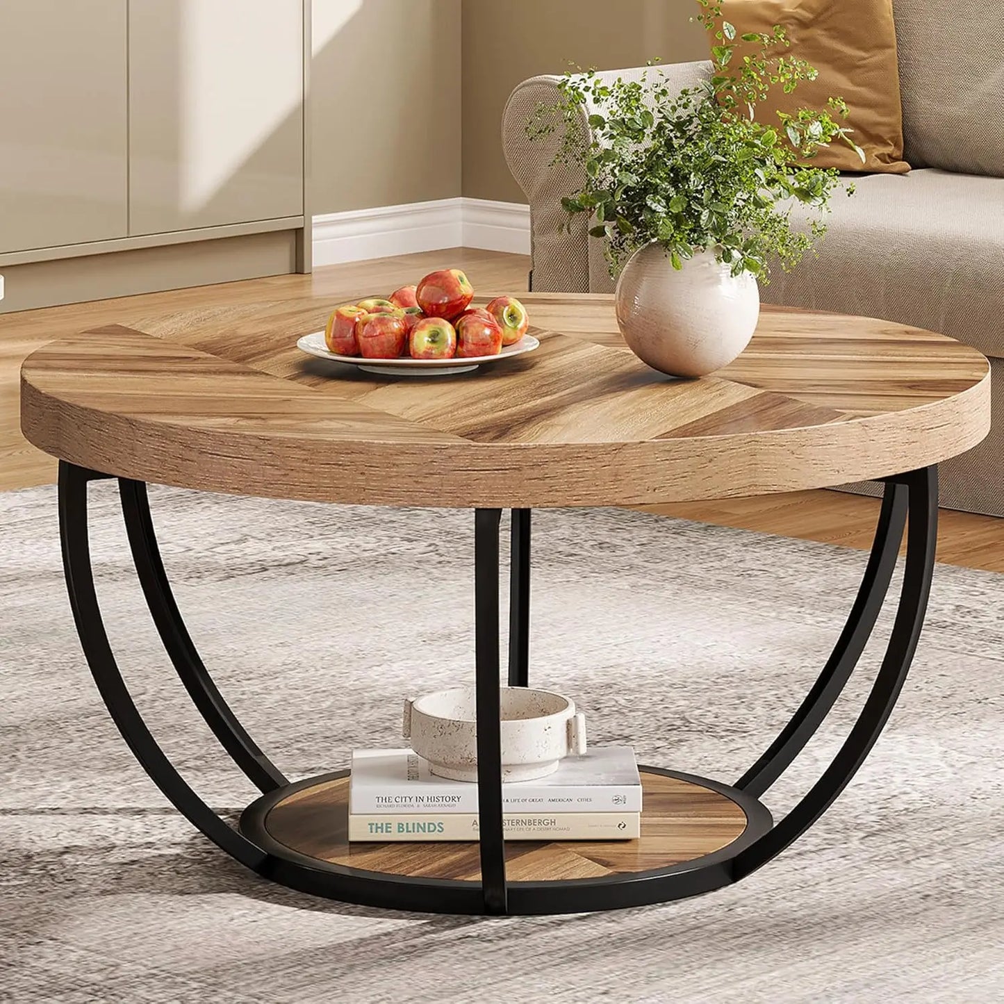 Little Tree Circle Marble Coffee Table With Gold Metal Legs Open Storage