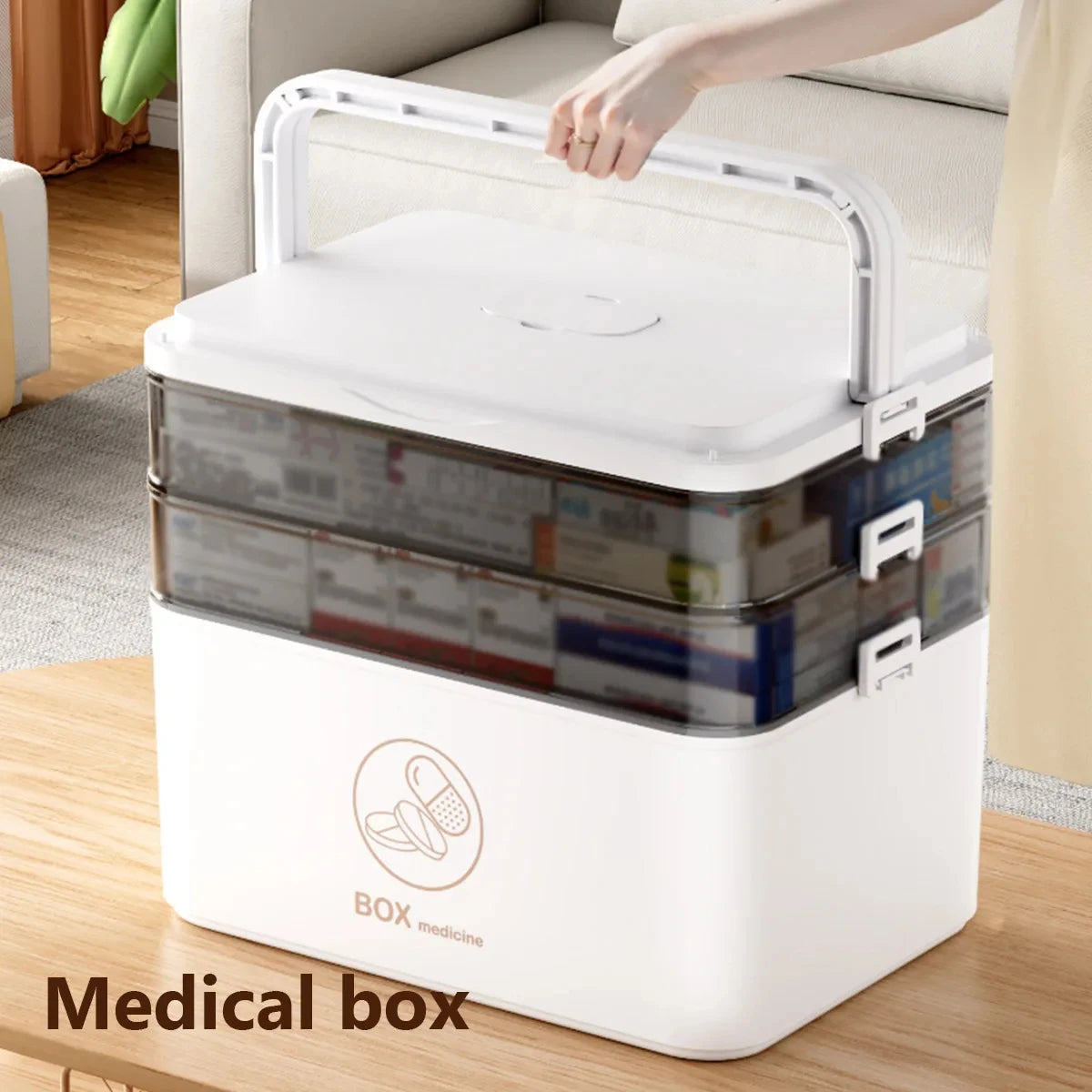 Multi Layer Transparent First Aid Storage Box With Detachable Compartments