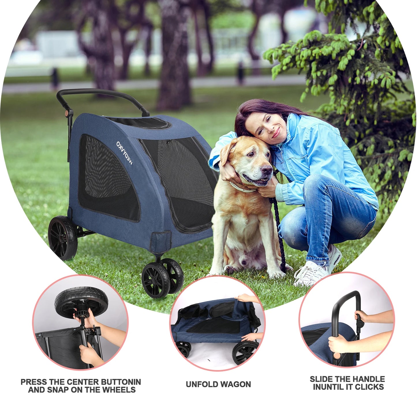 Heavy Duty Large Dog Stroller Foldable Wagon With 360Degree Wheels