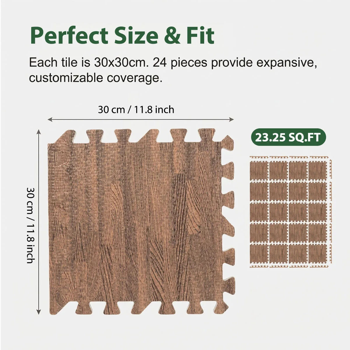 Wood Grain Interlocking EVA Foam Floor Tiles, 24 Pack 30x30cm Waterproof Puzzle Exercise Mat, 1cm Thick Noise Reduction Non Slip Foam Flooring for Living Room Bedroom Gym Kids Playroom