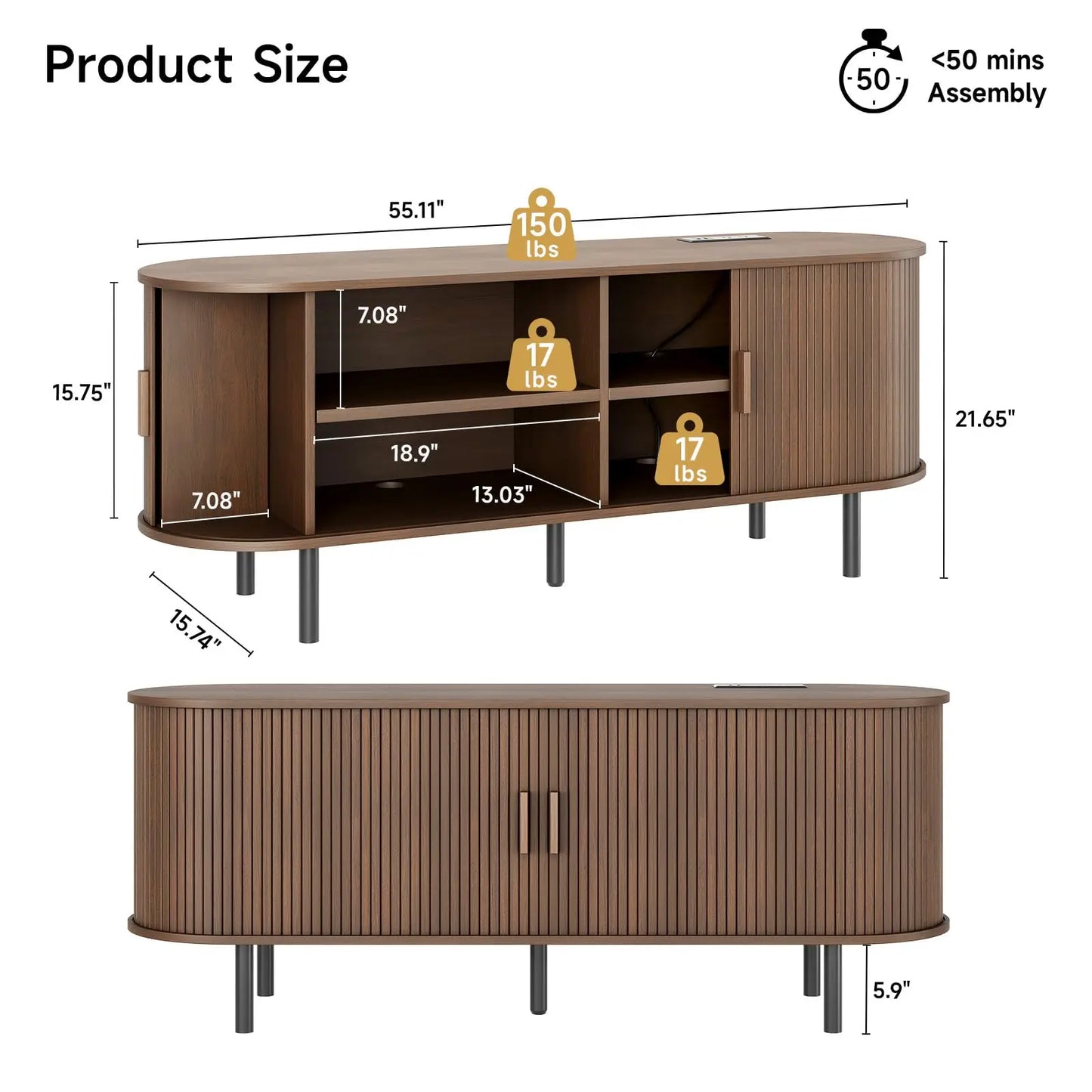 ONBRILL TV Stand With Power Outlet And Sliding Storage Doors