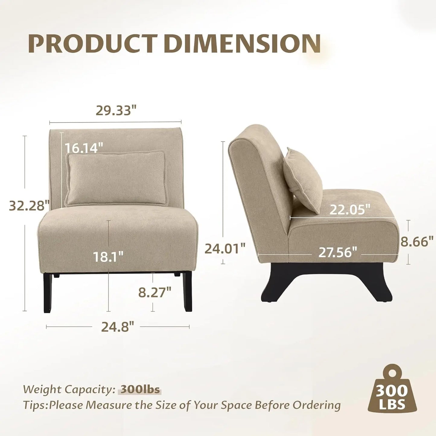 Modern Armless Accent Chair Set of 2, Wooden Legs & Pillows, Comfy Lounge Sofa Side Chair for Living Room, Custom