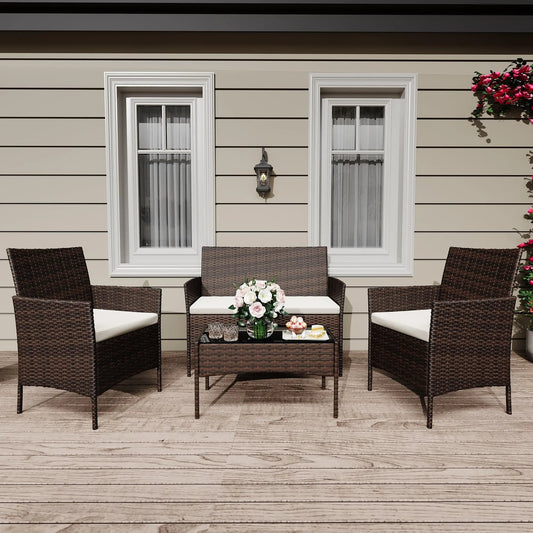 HiMISS Outdoor Rattan Patio Furniture Set With Cushions And Glass Table