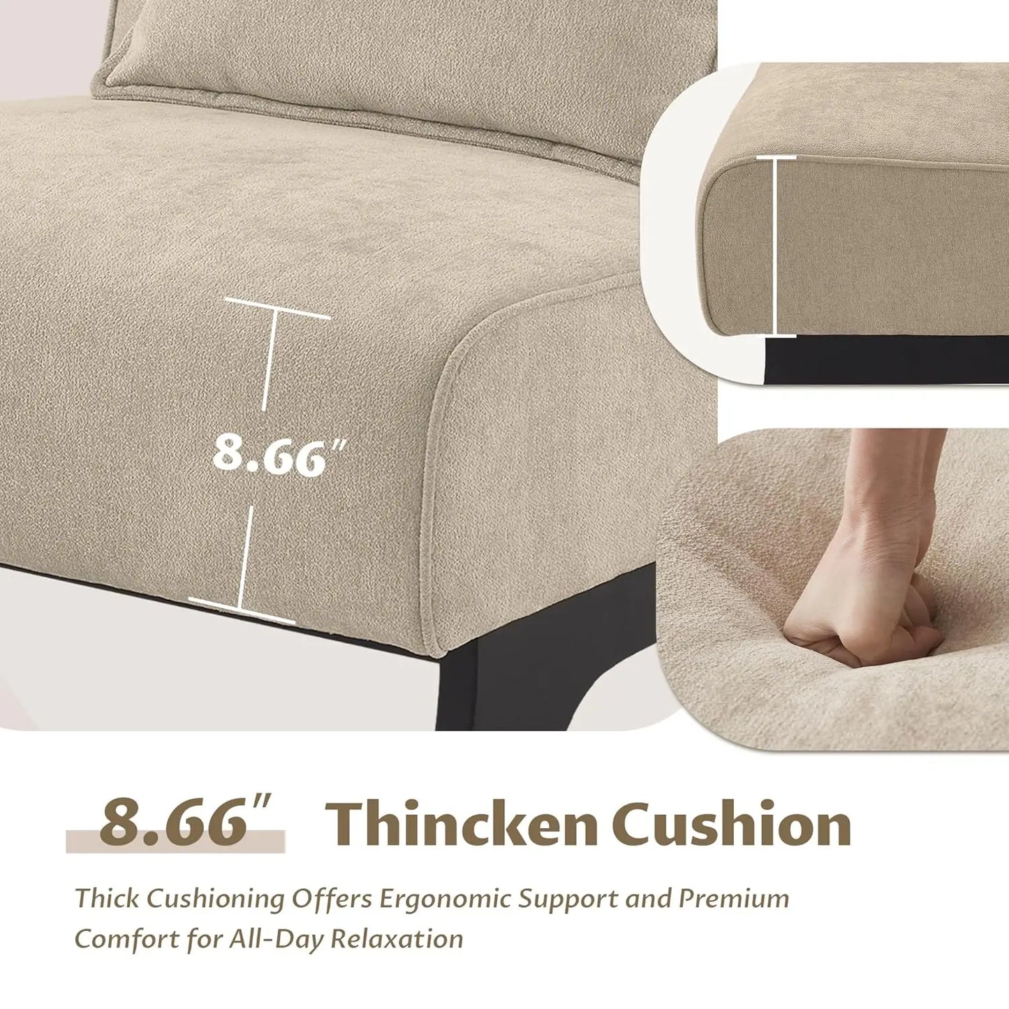 Modern Armless Accent Chair Set of 2, Wooden Legs & Pillows, Comfy Lounge Sofa Side Chair for Living Room, Custom