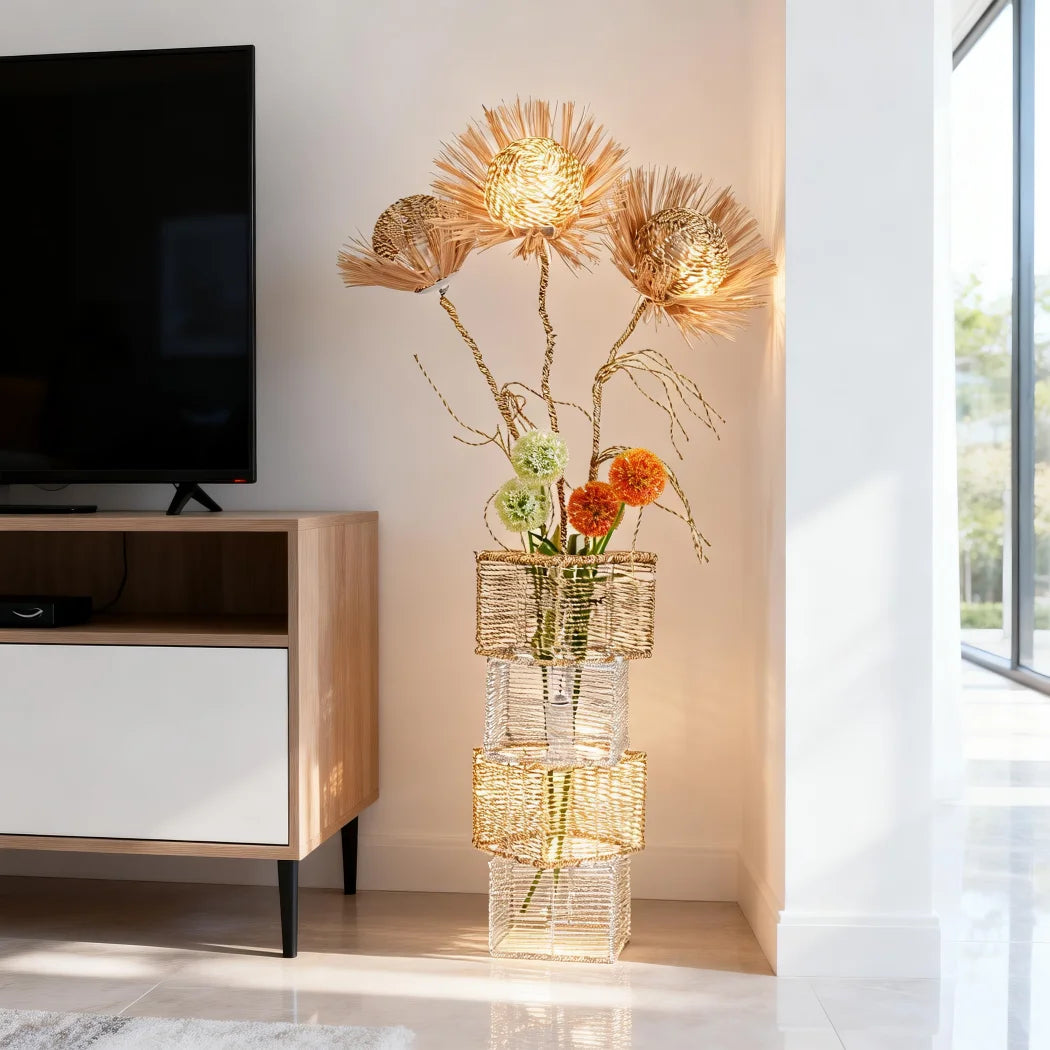 Modern Rattan Floor Lamp Featuring Dimmable LED And Flower Design
