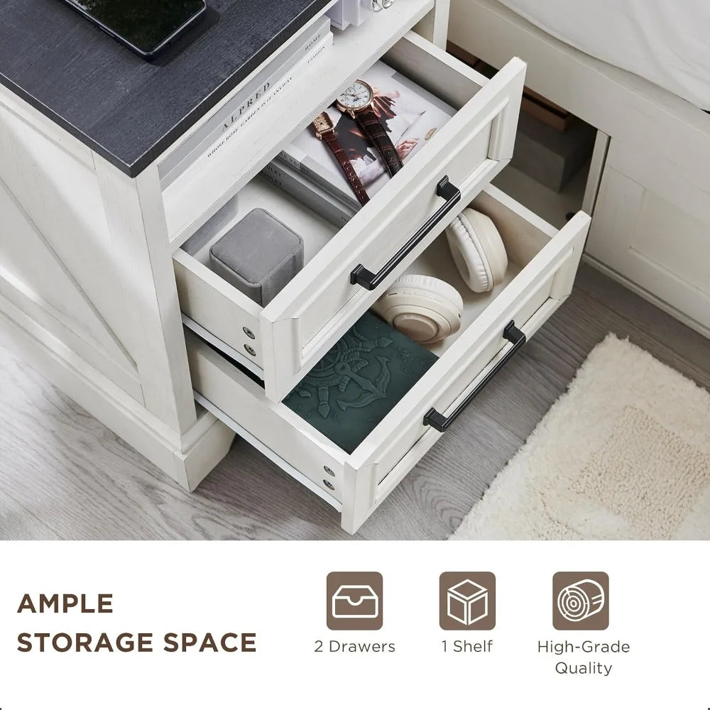 Farmhouse Nightstands Set Of Two Drawers And Charging Station