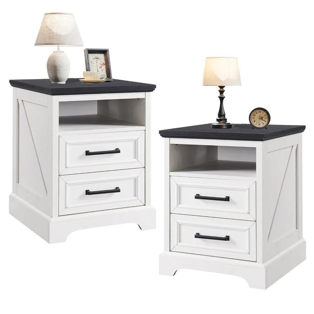 Farmhouse Nightstands Set Of Two Drawers And Charging Station