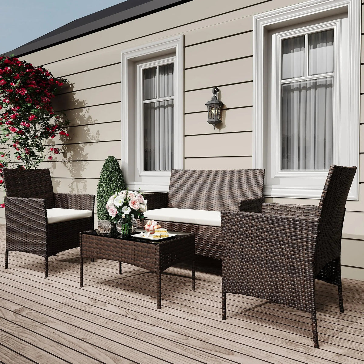 HiMISS Outdoor Rattan Patio Furniture Set With Cushions And Glass Table