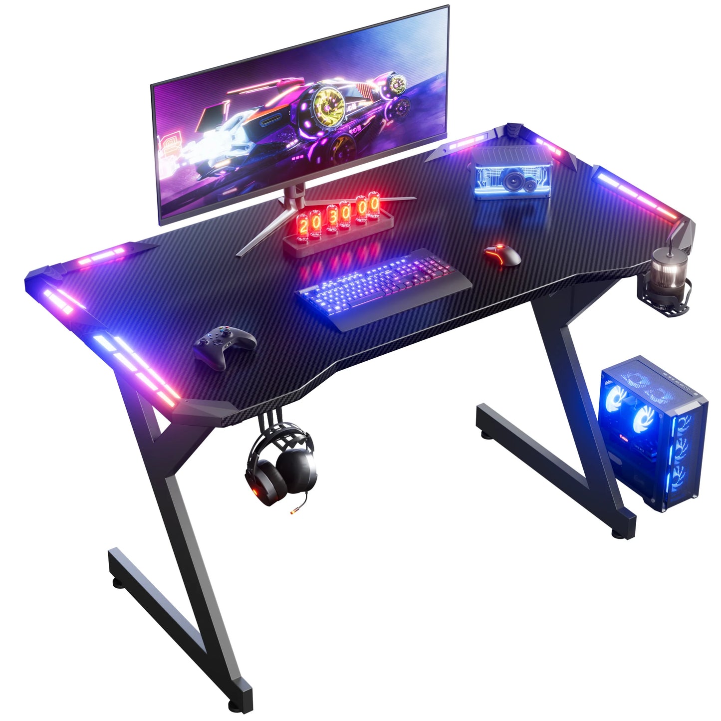 FRODROVIA Y Shaped Gaming Desk With RGB LED Lights Cup Holder