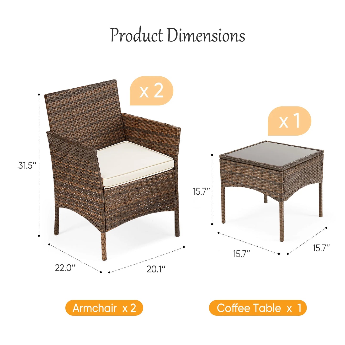 JHK 3-Piece Outdoor Rattan Patio Set With Glass Table Cushions