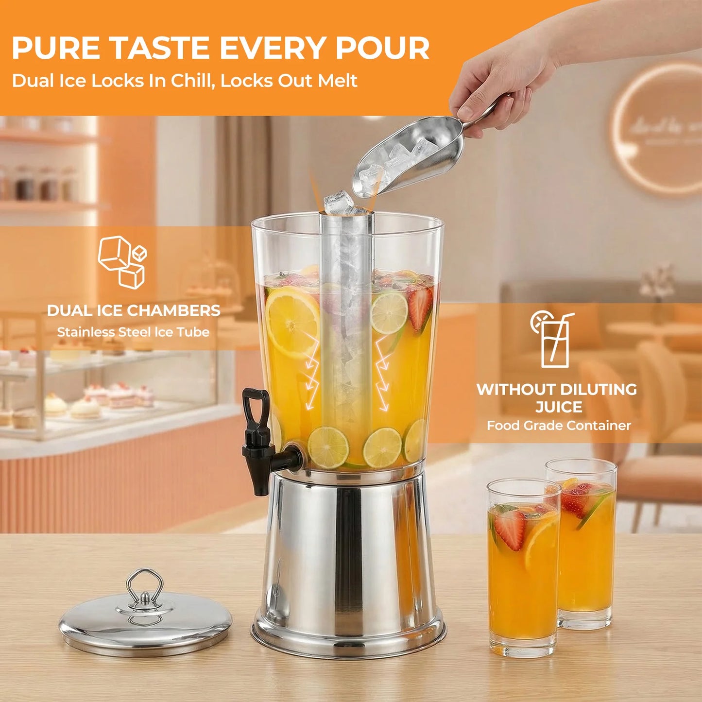 Beverage Dispenser With Stand Stainless Steel Ice Core Clear Acrylic