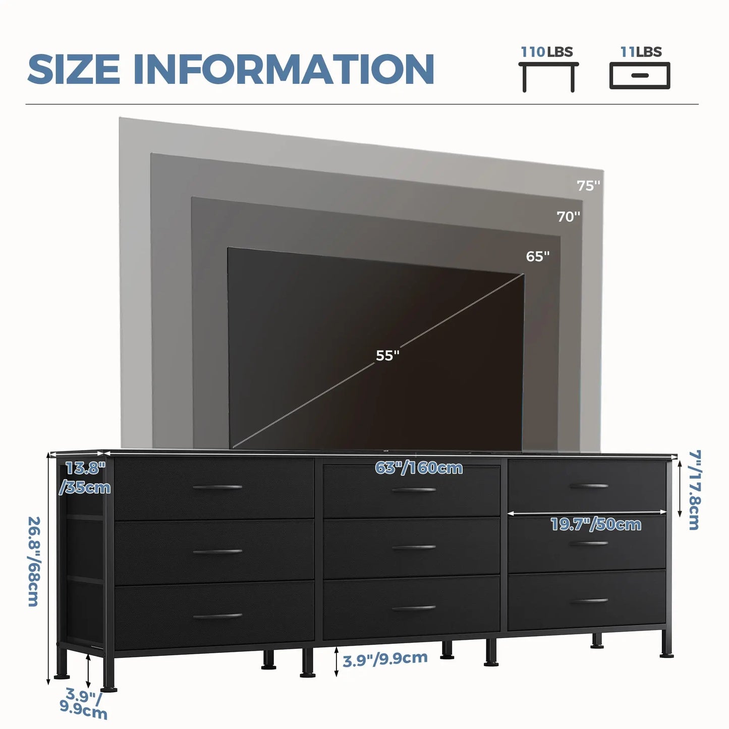 JHK Living Room Cabinet With 9 Fabric Drawers TV Console