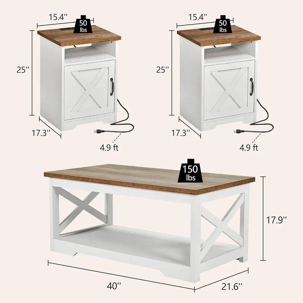 Rustic Armhouse Coffee Table Set With USB Charging Ports And End Tables