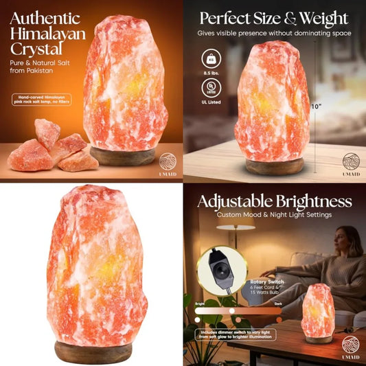 Himalayan Salt Lamp 8 10" 7 11 lb Dimmable Pink Rock Salt Lamp with Wooden Base and Night Light Bulb, Spa Home Decor Lamp for B