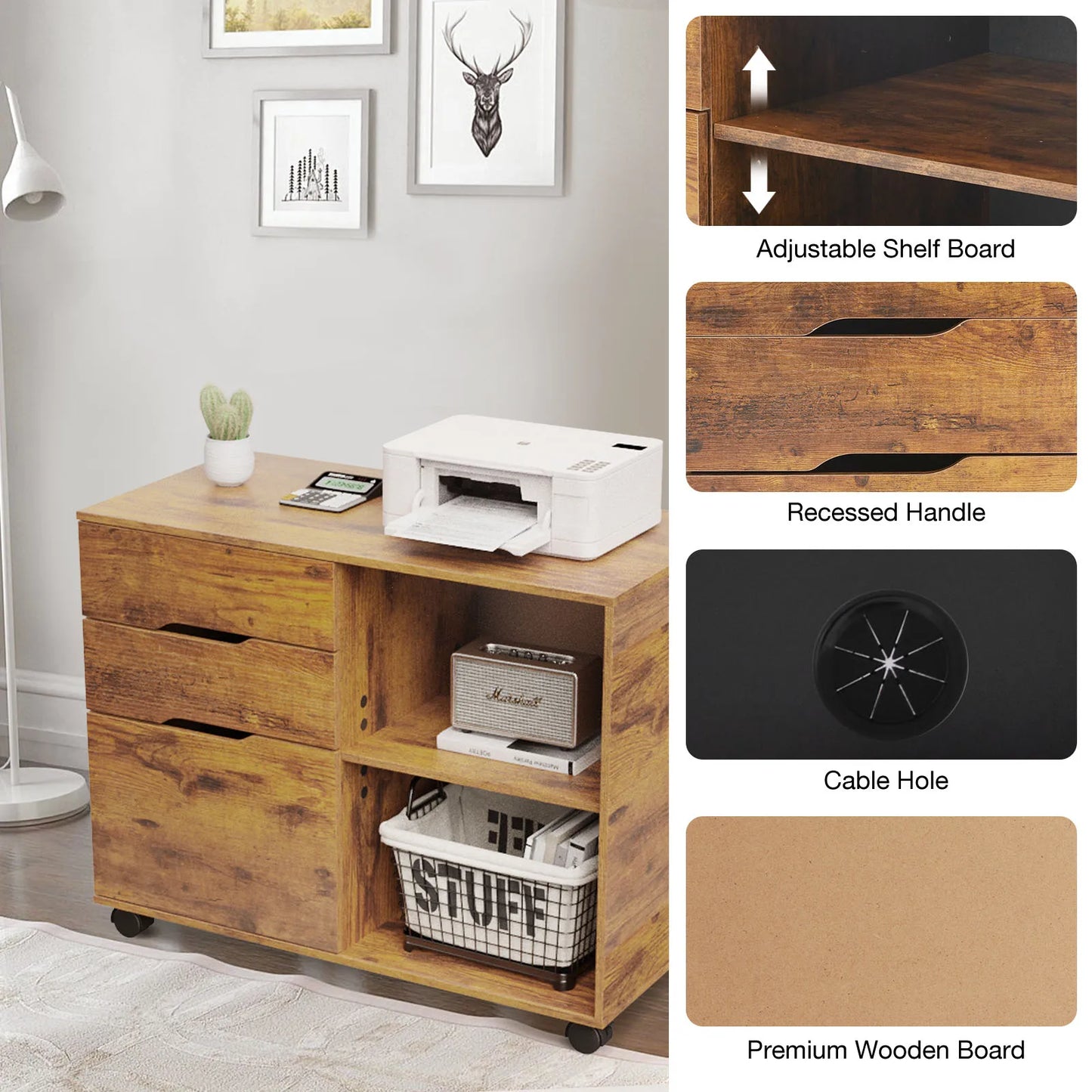 MCQ Three Drawer Wooden Mobile Storage Cabinet Nightstand