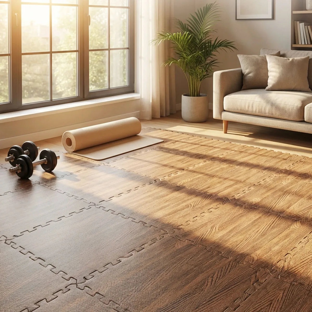 Wood Grain Interlocking EVA Foam Floor Tiles, 24 Pack 30x30cm Waterproof Puzzle Exercise Mat, 1cm Thick Noise Reduction Non Slip Foam Flooring for Living Room Bedroom Gym Kids Playroom