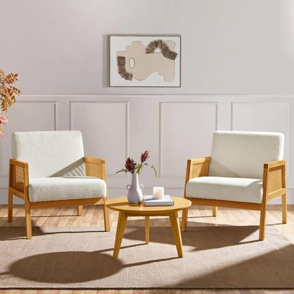 Rattan Accent Chairs Set of 2 Boho Boucle Fabric Armchairs