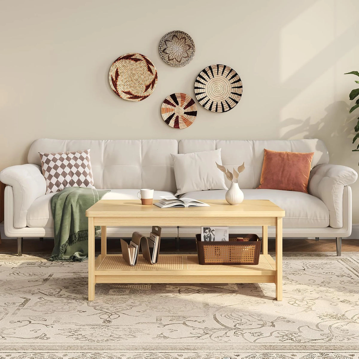 HiMISS Boho Rattan Coffee Table With Storage Shelf Two Tier