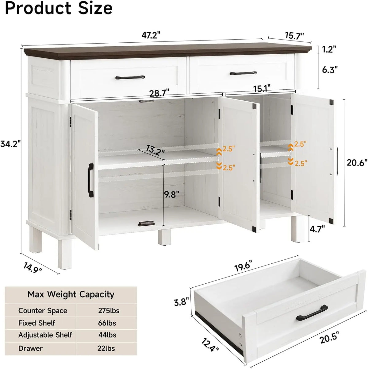 Onbrill Wood Buffet Cabinet With Three Doors And Two Drawers