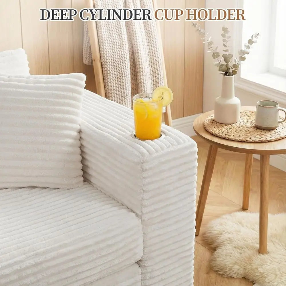 L Shaped Chaise Couch With Cup Holders Plush Corduroy Memory Foam