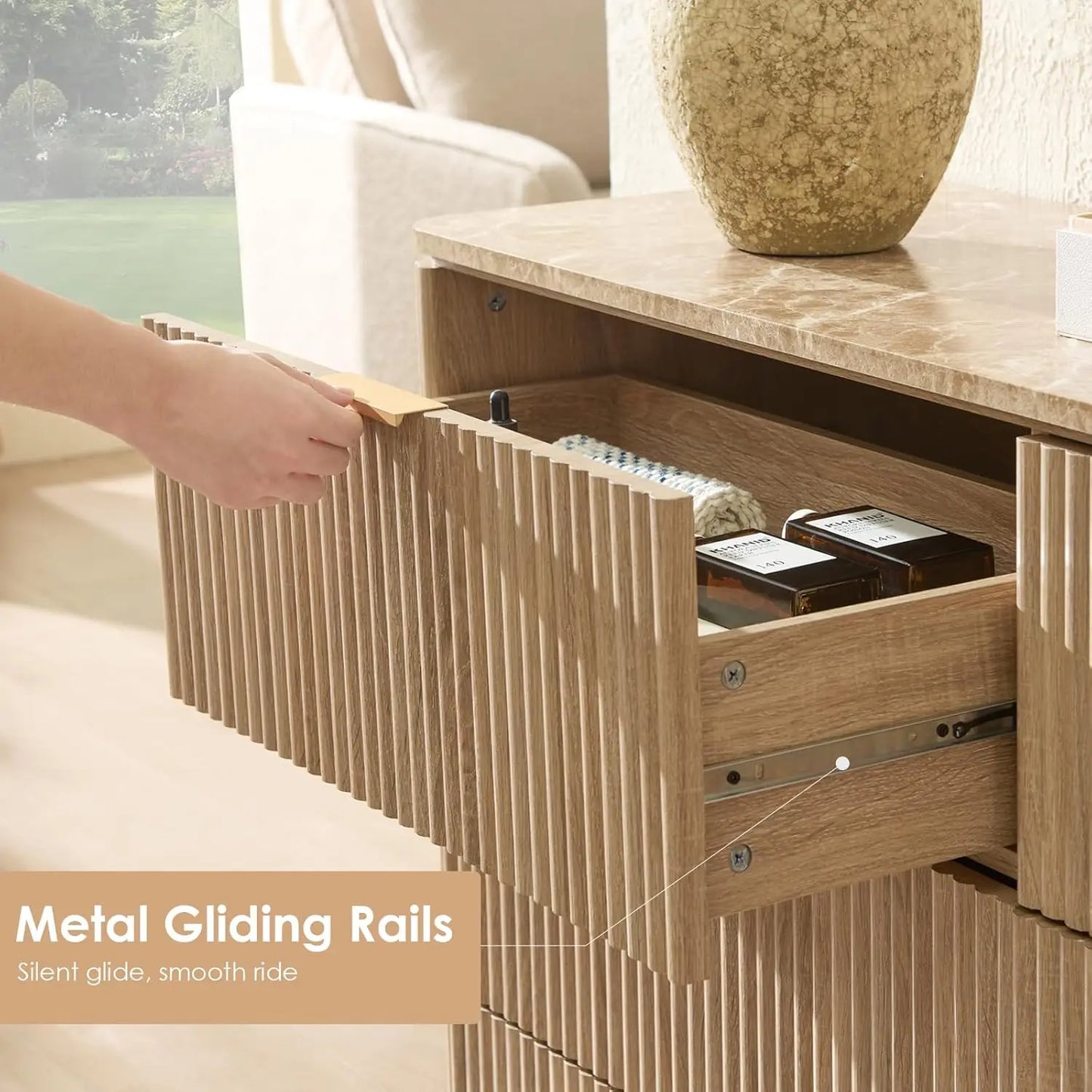 Modern Fluted 9 Drawer Dresser With Faux Marble Top And Curved Corners