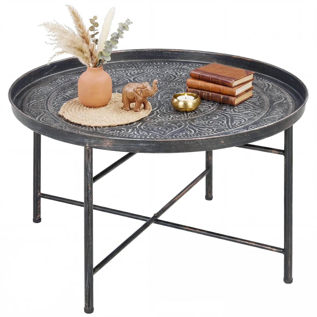 HOMCOM Vintage Round Metal Coffee Table With Hammered Tray Top