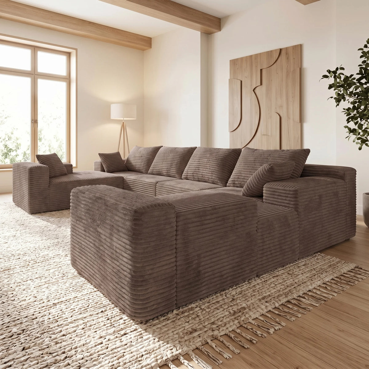 Modern U Shaped Corduroy Sectional Sofa With Comfortable Seating