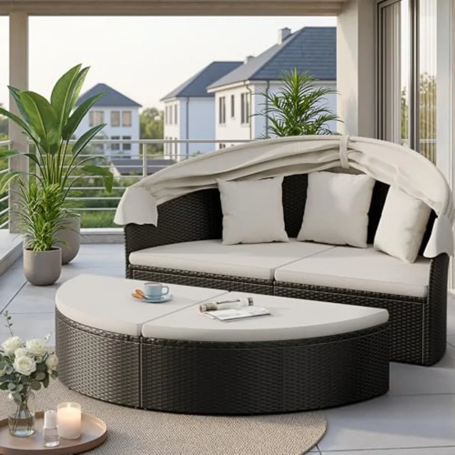 MDNG Outdoor Patio Round Daybed With Retractable Wicker Canopy