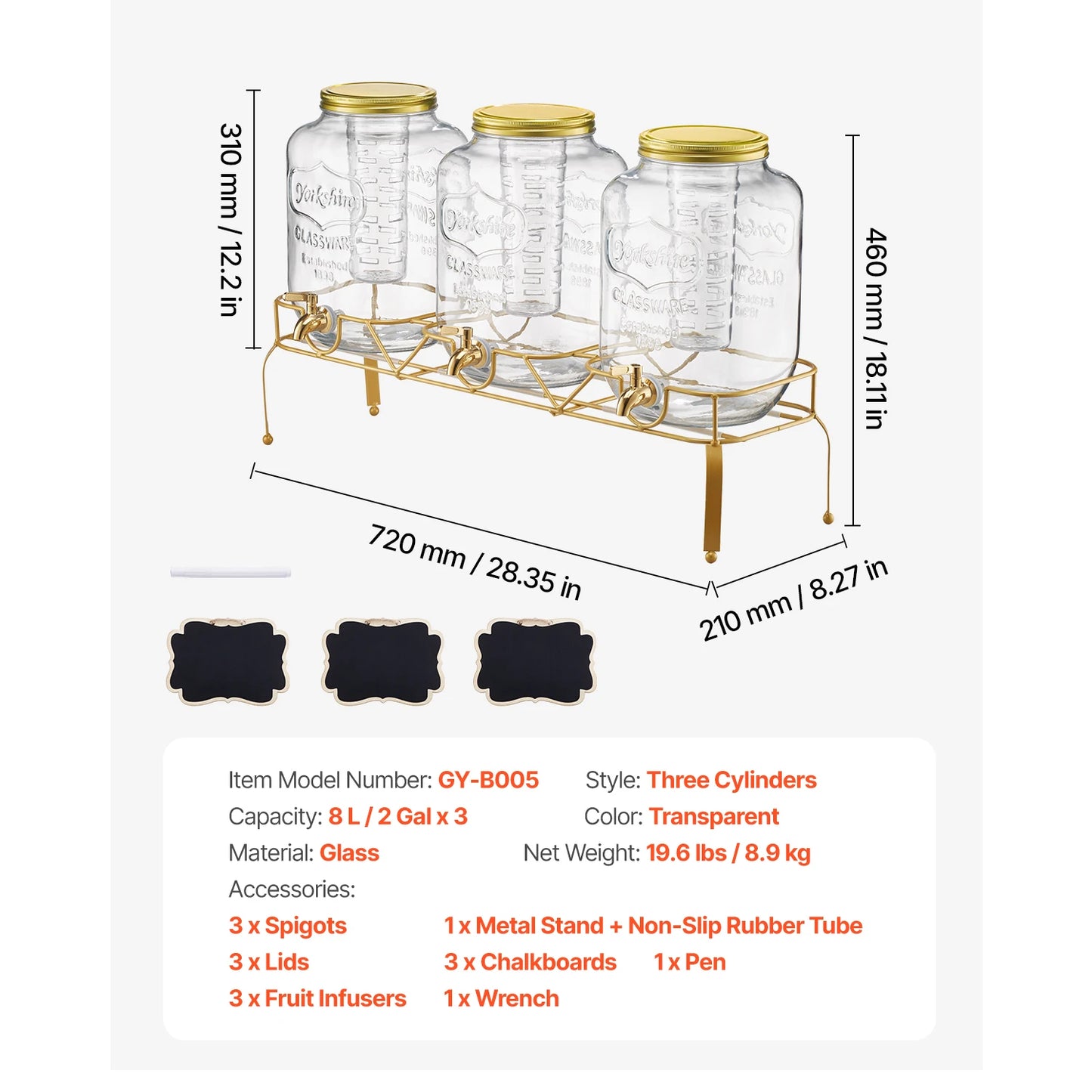 SucceBuy Beverage Dispenser Set With Glass Three Cylinders And Metal Stand