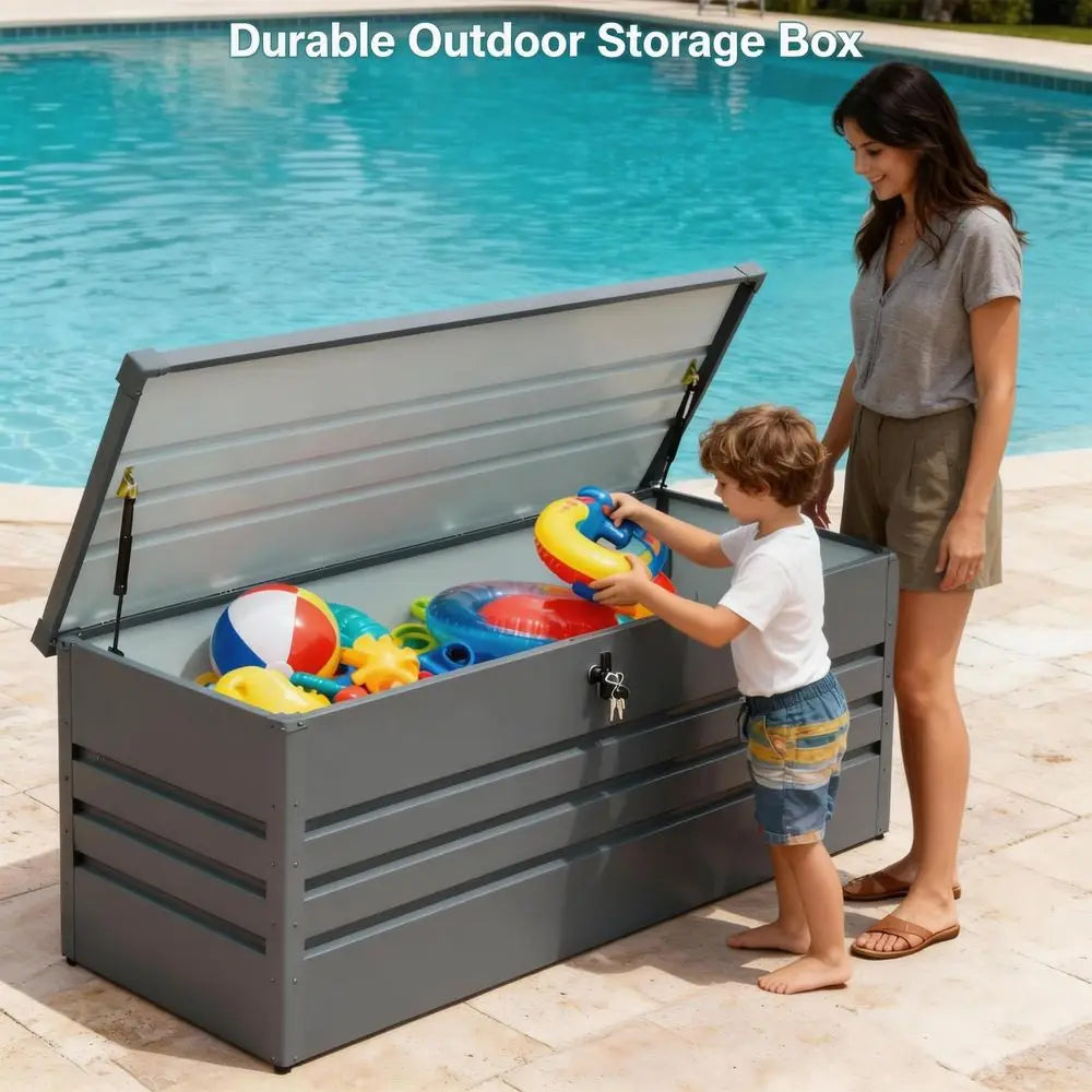 Gallon Waterproof Outdoor Storage Box, Extra Large Outside Metal Deck Storage Box for Patio Cushions, Garden Tools, Pool Suppli