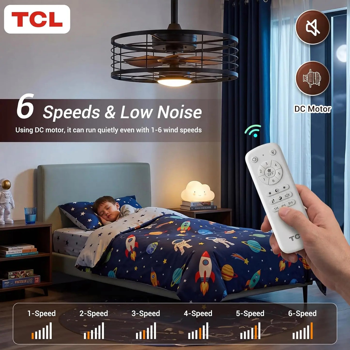 Metal Cage Ceiling Fan With Light Remote DC Motor Dimmable LED