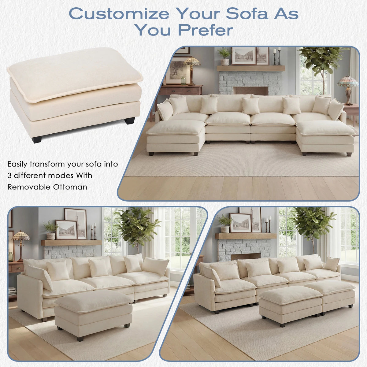 Modular Sectional Sofa With Ottoman, Deep Seat Cloud Couch